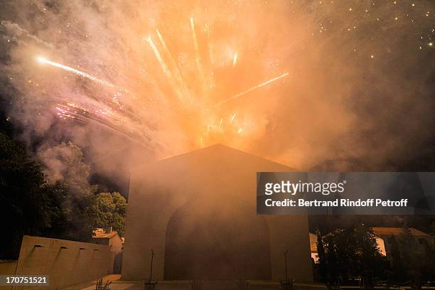 Fireworks are launched above the wine storehouse at Chateau Mouton Rothschild during the dinner of Conseil des Grand Crus Classes of 1855 hosted by...