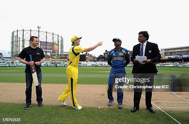 Captains George Bailey of Australia and Angelo Mathews of Sri Lanka toss the coin before kick off during the ICC Champions Trophy Group A match...