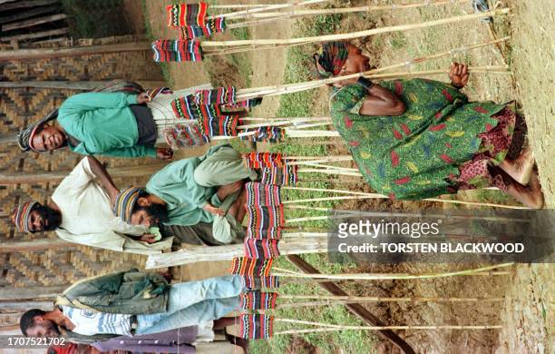 Mendi woman arranges traditional woven hats mounted on bamboo poles at her roadside market near Mount Hagen 12 June to supplement her subsistence...