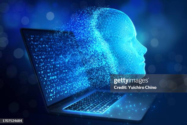 ai robot appearing from a laptop computer - deep learning stock-fotos und bilder