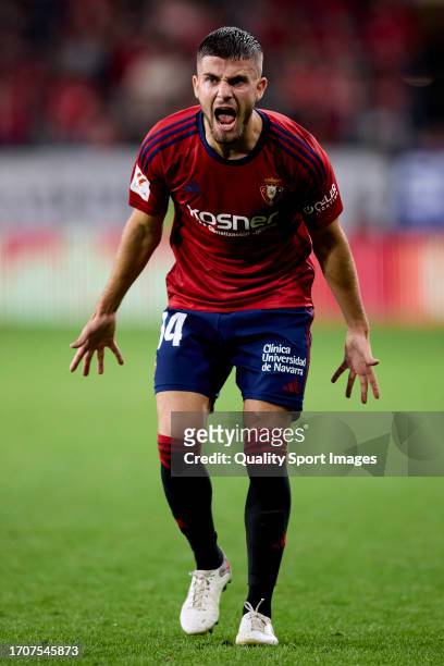 Iker Munoz of CA Osasuna react during the LaLiga EA Sports match between CA Osasuna and Atletico Madrid at Estadio El Sadar on September 28, 2023 in...