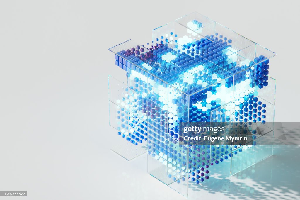 AI Innovation and Cloud Technology. Glowing Futuristic Cubes. Digital Network Flow. Data Cubes.