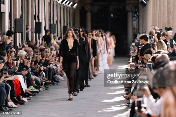 Models walk the runway at the Ermanno Scervino fashion show during the Milan Fashion Week Womenswear Spring/Summer 2024 on September 23, 2023 in...