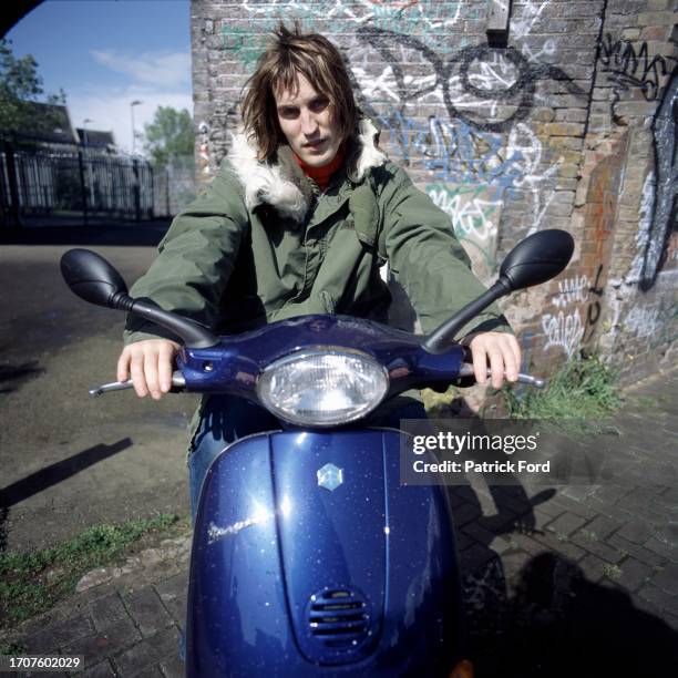 Noel Fielding of The Mighty Boosh, on a scooter, Camden, London, England 2000.