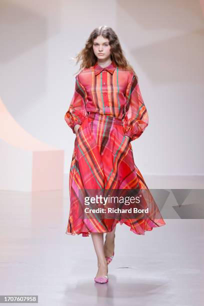 Model walks the runway during the Leonard Paris Womenswear Spring/Summer 2024 show as part of Paris Fashion Week on September 29, 2023 in Paris,...