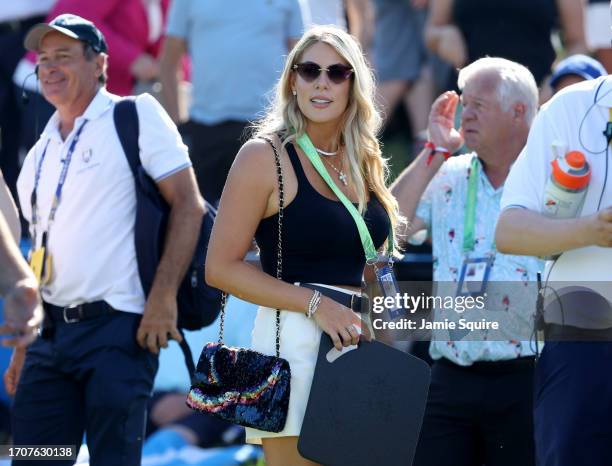Kelley Cahill, wife of Jon Rahm of Team Europe looks on during the Friday morning foursomes matches of the 2023 Ryder Cup at Marco Simone Golf Club...