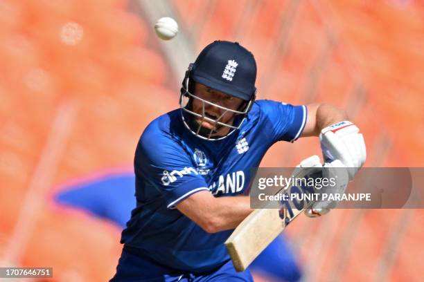 England's Jonny Bairstow plays a shot during the 2023 ICC men's cricket World Cup one-day international match between England and New Zealand at the...