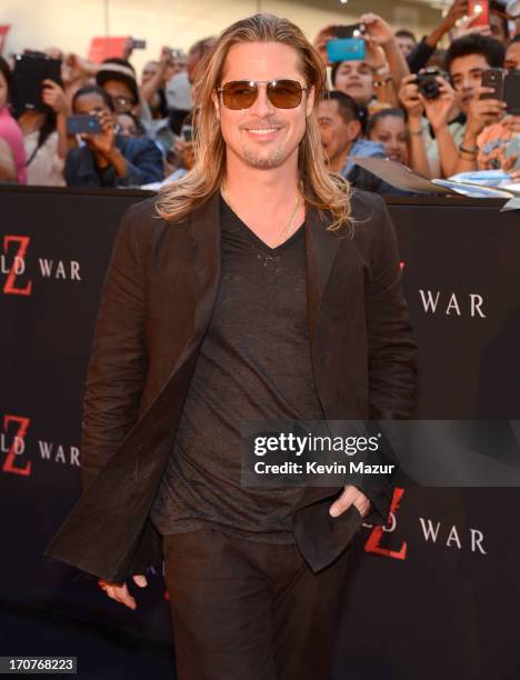 Brad Pitt attends the "World War Z" New York Premiere at Duffy Square in Times Square on June 17, 2013 in New York City.