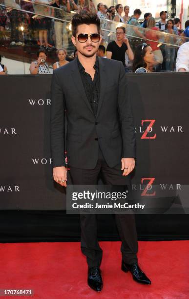 Musician Adam Lambert attends the "World War Z" New York Premiere at Duffy Square in Times Square on June 17, 2013 in New York City.