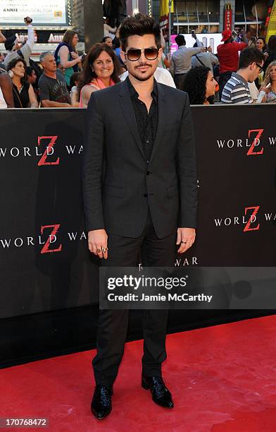 Musician Adam Lambert attends the "World War Z" New York Premiere at Duffy Square in Times Square on June 17, 2013 in New York City.