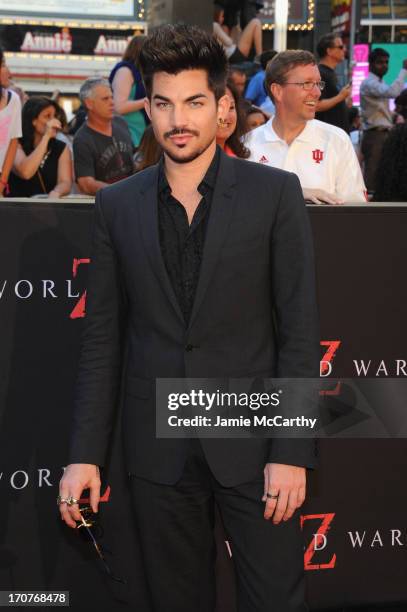 Musician Adam Lambert attends the "World War Z" New York Premiere at Duffy Square in Times Square on June 17, 2013 in New York City.