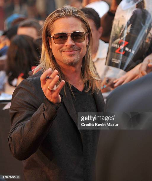 Brad Pitt attends the "World War Z" New York Premiere at Duffy Square in Times Square on June 17, 2013 in New York City.