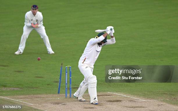 Leicestershire batsman Umar Amin is bowled by Ben Raine during the final day of the LV= Insurance County Championship Division 2 match between Durham...