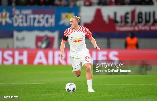 Xaver Schlager of RB Leipzig controls the ball during the UEFA Champions League match between RB Leipzig and Manchester City at Red Bull Arena on...