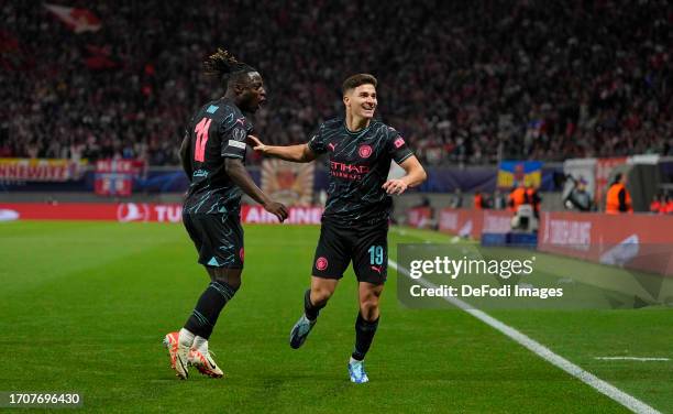 Julián Álvarez of Manchester City celebrates during the UEFA Champions League match between RB Leipzig and Manchester City at Red Bull Arena on...