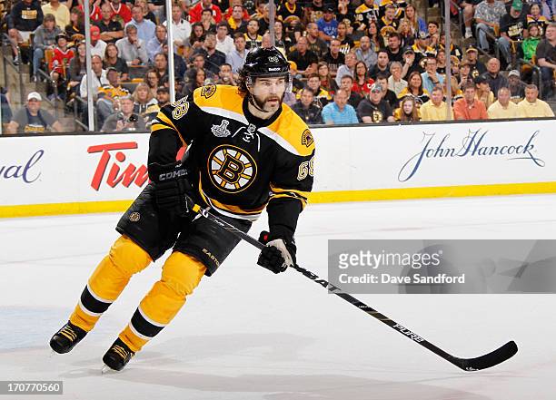 Jaromir Jagr of the Boston Bruins plays the Chicago Blackhawks during the first period of Game Three of the 2013 Stanley Cup Final at TD Garden on...