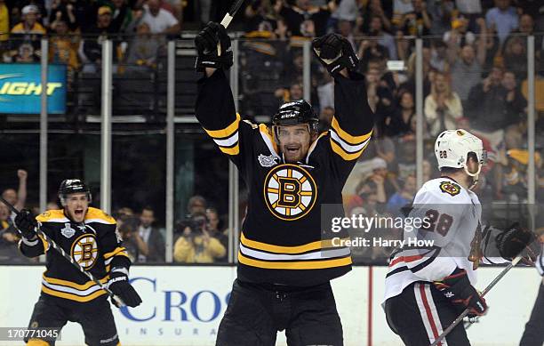 Daniel Paille of the Boston Bruins celebrates after scoring a goal in the second period against the Chicago Blackhawks in Game Three of the 2013 NHL...