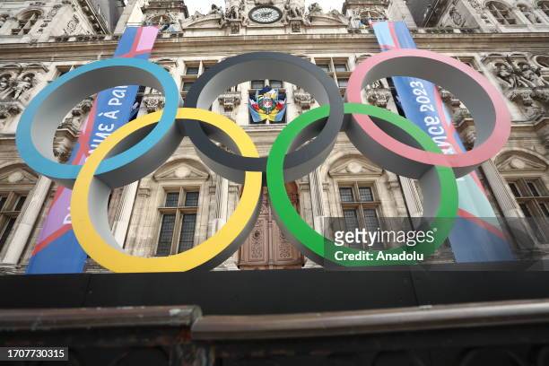 View of the Olympic Rings on display in front of Paris City Hall ahead of the 2024 Paris Olympic Games in Paris, France on September 28, 2023. With...