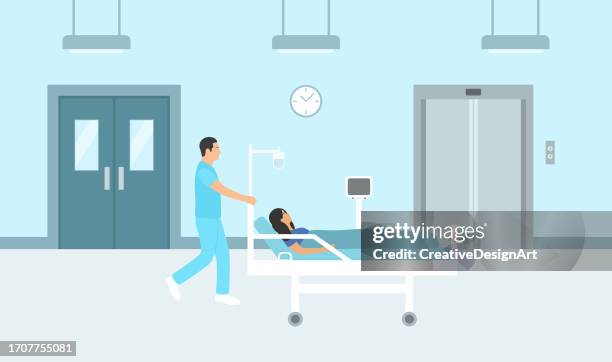 krankenhausflur mit auf trage liegendem patienten, pflegehelfer, intensivstation und aufzug - bett stock-grafiken, -clipart, -cartoons und -symbole