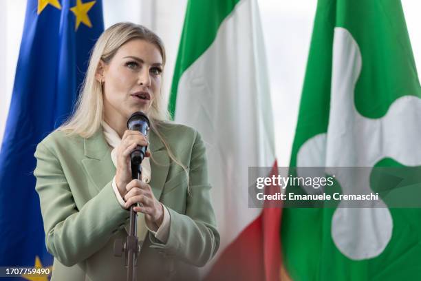 Italian business executive Barbara Berlusconi delivers a speech while attending the dedication ceremony of the viewpoint of the Lombardy Regional...