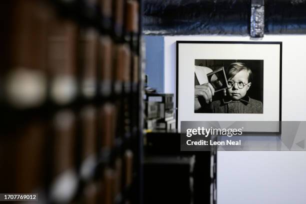 View of Alex Dellow's 1955 Picture Post image of a boy having an eye test in the stacks at the Getty Images Hulton Archive, London, E16, 21st...