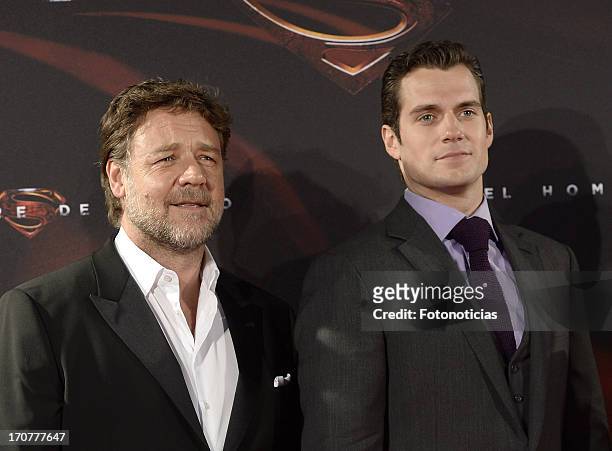 Russell Crowe and Henry Cavill attend the premiere of ' Man of Steel' at Capitol Cinema on June 17, 2013 in Madrid, Spain.