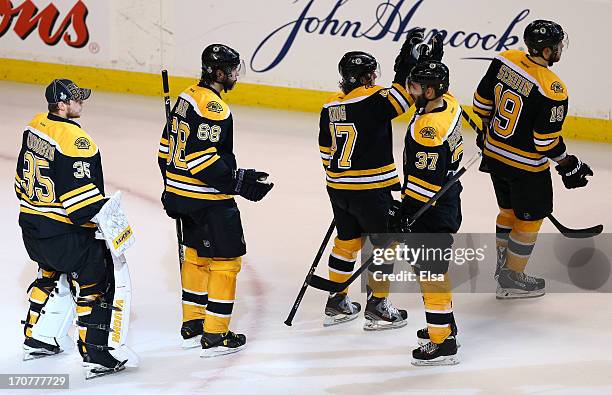 Anton Khudobin, Jaromir Jagr, Torey Krug, Patrice Bergeron and Tyler Seguin of the Boston Bruins celebrate after defeating the Chicago Blackhawks 2-0...