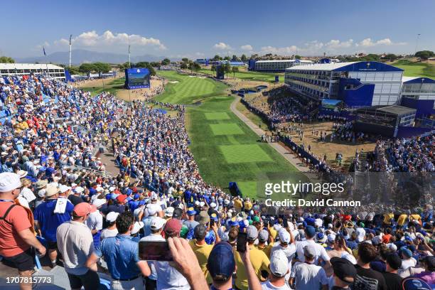 Rory McIlroy of Northern Ireland and The European Team plays his tee shot on the first hole in his match with Matthew Fitzpatrick against Collin...