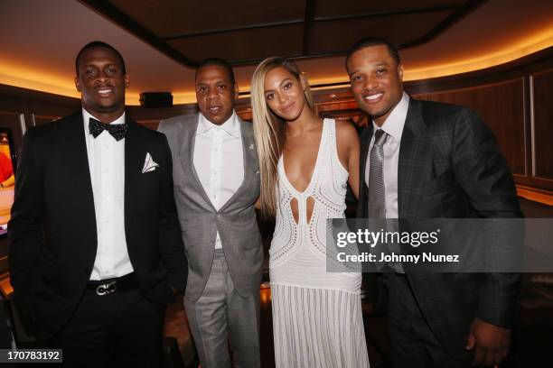 Geno Smith, Jay-Z, Beyonce and Robinson Cano attend The 40/40 Club 10 Year Anniversary Party at 40 / 40 Club on June 17, 2013 in New York City.