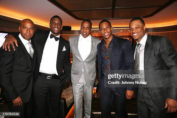 Juan 'OG' Perez, Geno Smith; Jay-Z, Victor Cruz and Robinson Cano attend The 40/40 Club 10 Year Anniversary Party at 40 / 40 Club on June 17, 2013 in...