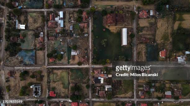 An aerial view of Vlachos village which had disappeared beneath floodwaters following Storm Daniel, on September 26, 2023 in Vlochos, Trikala region,...