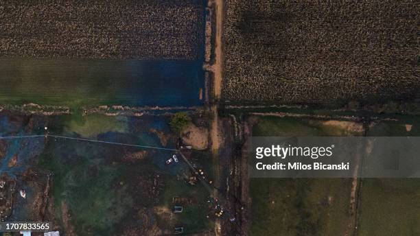 An aerial view of Vlachos village which had disappeared beneath floodwaters following Storm Daniel, on September 26, 2023 in Vlochos, Trikala region,...