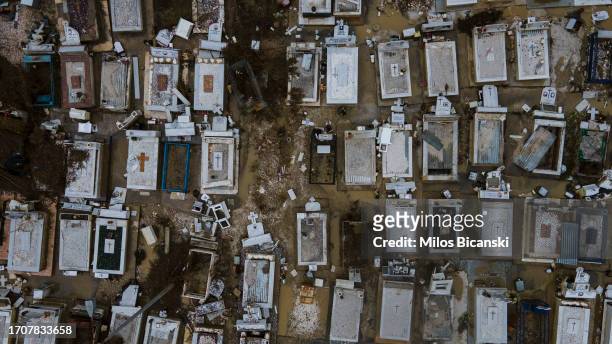 Destroyed cemetery in the village of Metamorfosi, which had disappeared beneath floodwaters following Storm Daniel, on September 26, 2023 in...