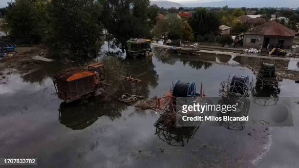 Agriculture machines laid outside a flooded fields in the village of Psatochori, which had disappeared beneath floodwaters as impact of storm Daniel...