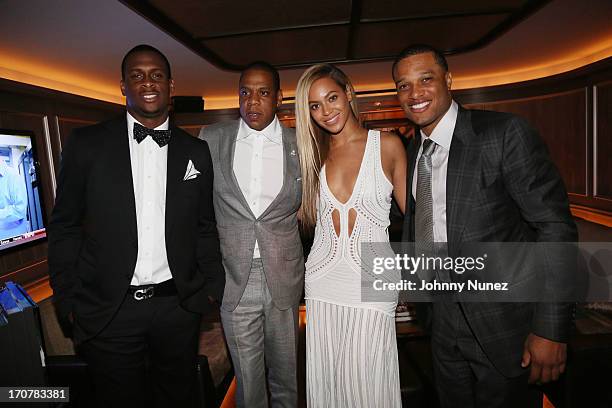 Geno Smith, Jay-Z, Beyonce and Robinson Cano The 40/40 Club 10 Year Anniversary Party at 40 / 40 Club on June 17, 2013 in New York City.