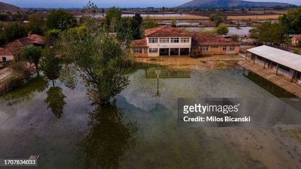 An aerial view of Vlachos village which had disappeared beneath floodwaters as impact of storm Daniel on September 26, 2023 in Vlochos, Trikala...