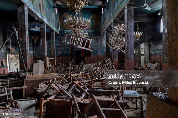 Destroyed church in the village of Metamorfosi, in the village which had disappeared beneath floodwaters following Storm Daniel, on September 27,...