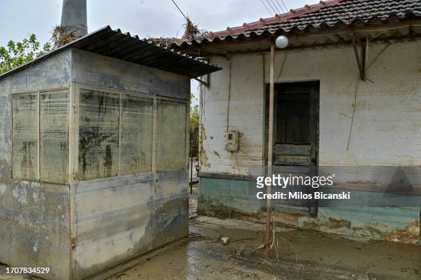 Flooded house in the village of Metamorfosi, still covered in mud in the village which had disappeared beneath floodwaters following Storm Daniel, on...