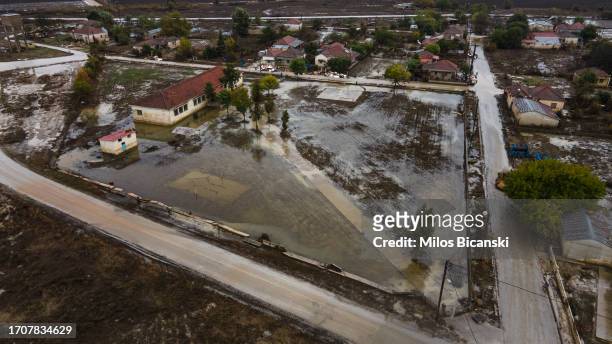 Flooded school in the village of Metamorfosi, still covered in mud in the village which had disappeared beneath floodwaters following Storm Daniel,...