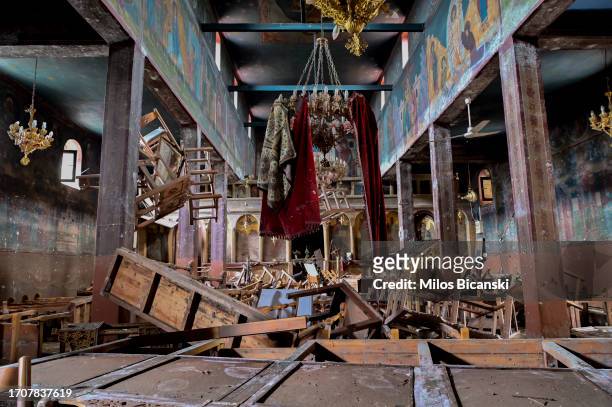 Destroyed church in the village of Metamorfosi, in the village which had disappeared beneath floodwaters following Storm Daniel, on September 27,...