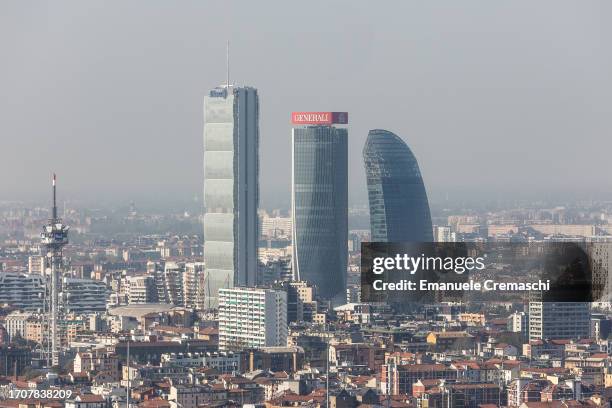 General view of the City Life district skyline as seen from the viewpoint of Palazzo Lombardia on September 29, 2023 in Milan, Italy.