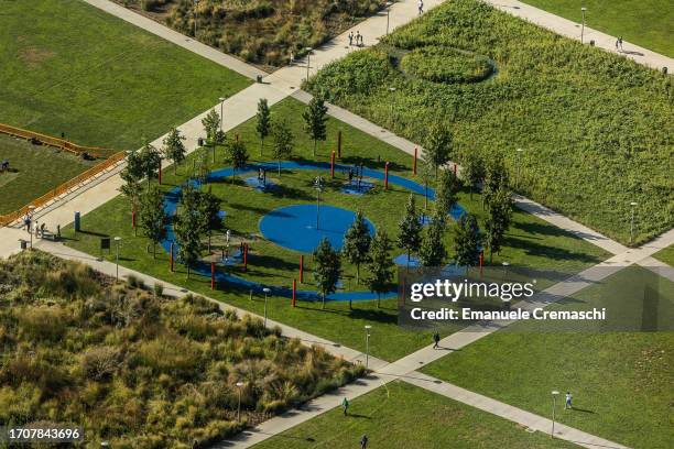 General view of the BAM - Biblioteca degli Alberi Milano public park as seen from the viewpoint of Palazzo Lombardia on September 29, 2023 in Milan,...