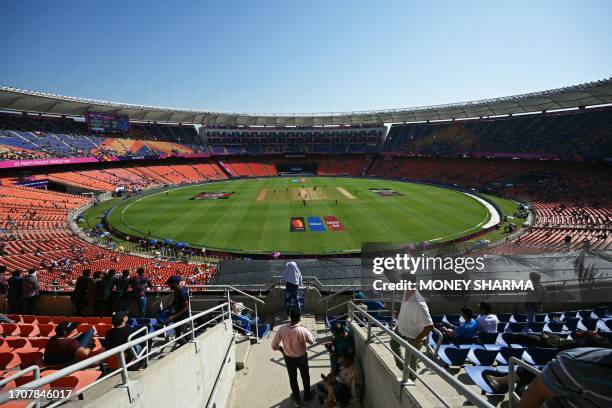 This picture shows a general view of the Narendra Modi Stadium during the 2023 ICC men's cricket World Cup one-day international match between...