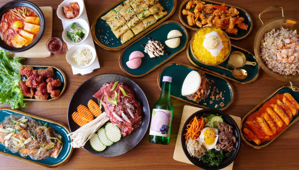 assortment of asian dishes top view - 韓国料理 ストックフォトと画像