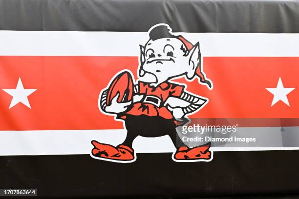 View of the Cleveland Browns 'Brownie the Elf' logo prior to a game against the Tennessee Titans at Cleveland Browns Stadium on September 24, 2023 in...