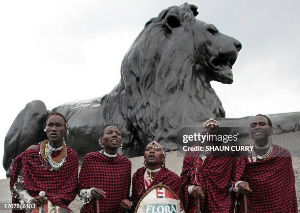 Maasai Warriors perform for the media in their traditional clothes in Trafalgar Square, in central London, on April 7, 2008. Six Maasai Warriors from...