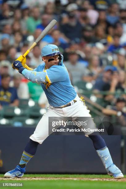 William Contreras of the Milwaukee Brewers bats in the second inning against the Pittsburgh Pirates at American Family Field on August 04, 2023 in...