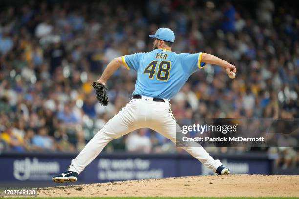 Colin Rea of the Milwaukee Brewers pitches in the fourth inning against the Pittsburgh Pirates at American Family Field on August 04, 2023 in...