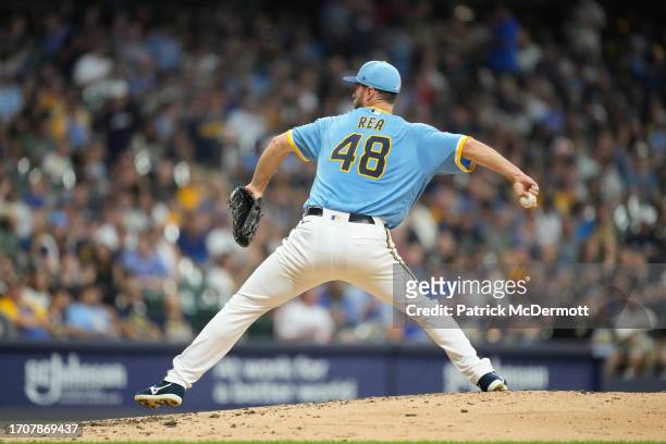 Colin Rea of the Milwaukee Brewers pitches in the fourth inning against the Pittsburgh Pirates at American Family Field on August 04, 2023 in...