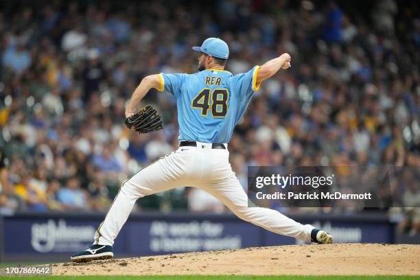 Colin Rea of the Milwaukee Brewers pitches in the fourth inning against the Pittsburgh Pirates at American Family Field on August 04, 2023 in...